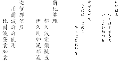 �ɂ��͂�
�@�@�@���΂�������
�@�@�@�����悩�˂�

�����Ȃׂ�
�@��ɂ͂����̂�
�@�@�@�@�@�@�Ђɂ͂Ƃ�����


����k��
�@�@�@�s�v�g�͐{�^�V
�@�@�@�ɋv�p���D�s��

�މ�ߔ{�V
�@�p���g�����\�p
�@�@�@�䎢�g�o�͉���